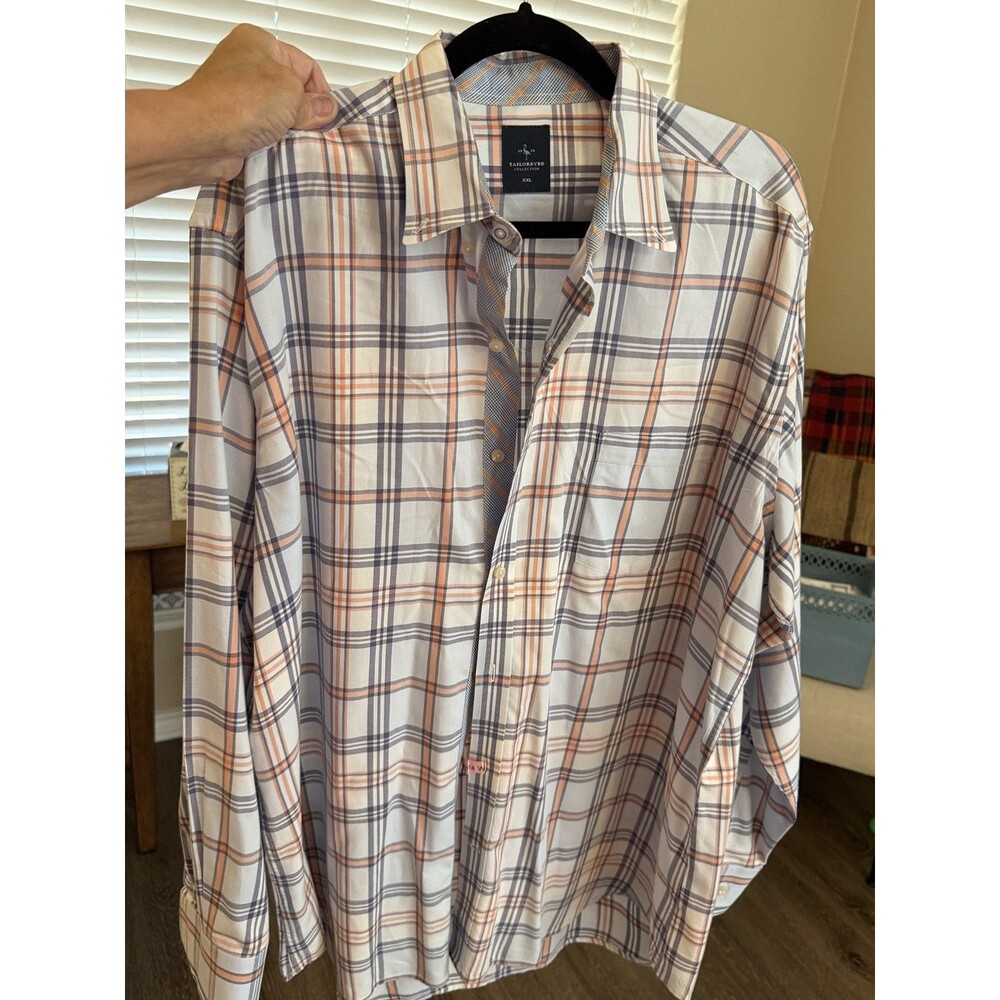 Tailorbyrd Shirt Mens XXL Plaid Long Sleeve White Orange and Brown Button Down